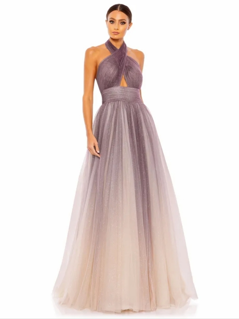 NWT! Mac Duggal, Glitter Ombre Halter Ballgown, Charcoal Ombre (Mauve), Size 0